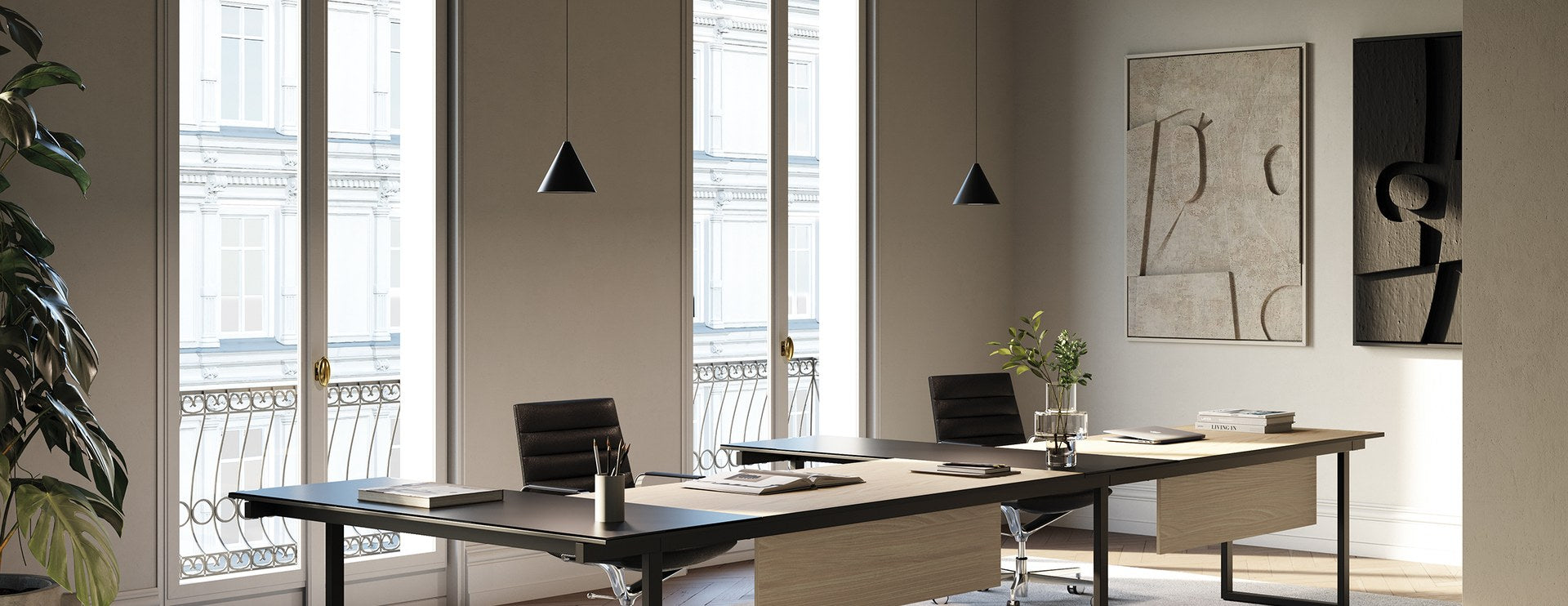 Ufficio semidirezionale con scrivanie BE.1 Frezza e libreria a parete