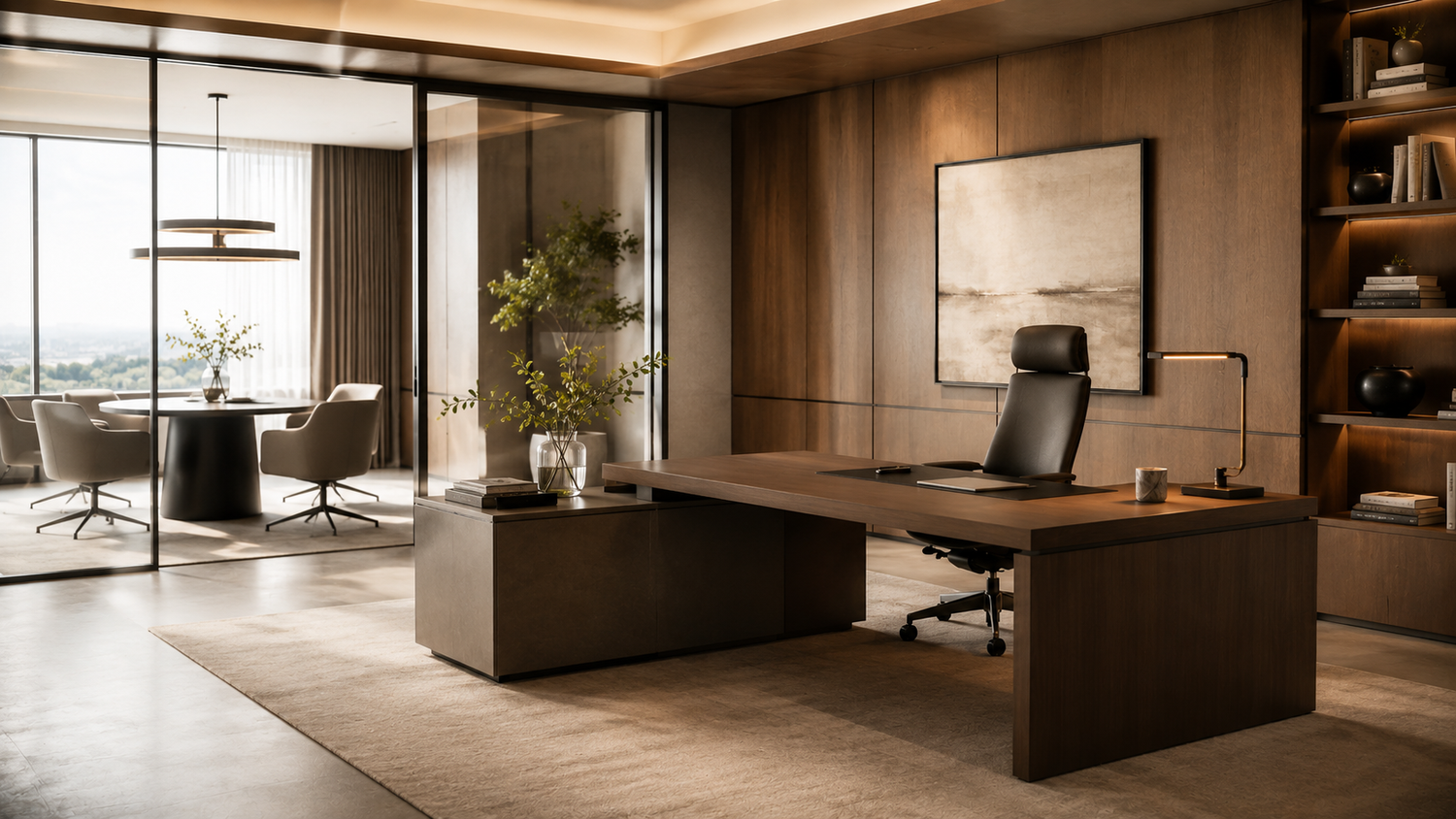 Sedute direzionali in ufficio moderno con poltrona executive e scrivania elegante