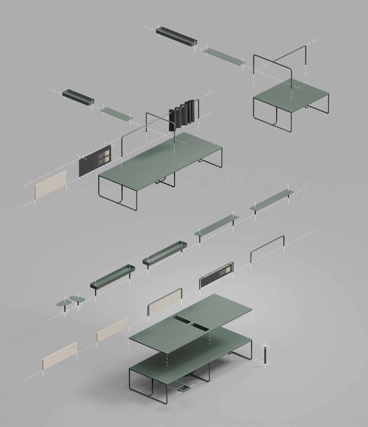Vista esplosa degli accessori sopra-piano della collezione ITUBE di ALEA