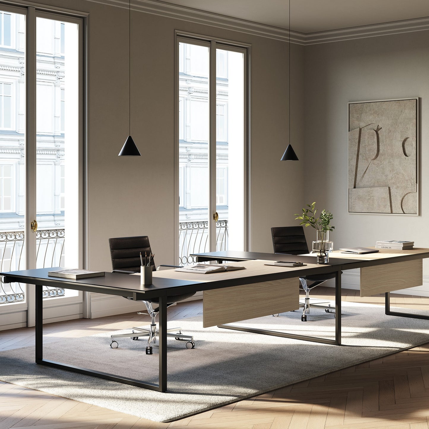 Scrivanie BE.1 Frezza in melaminico affiancate in un ufficio open space