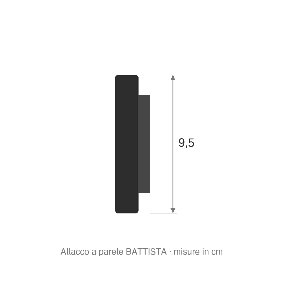 Disegno quotato dell'attacco a parete BATTISTA: altezza 9,5 cm