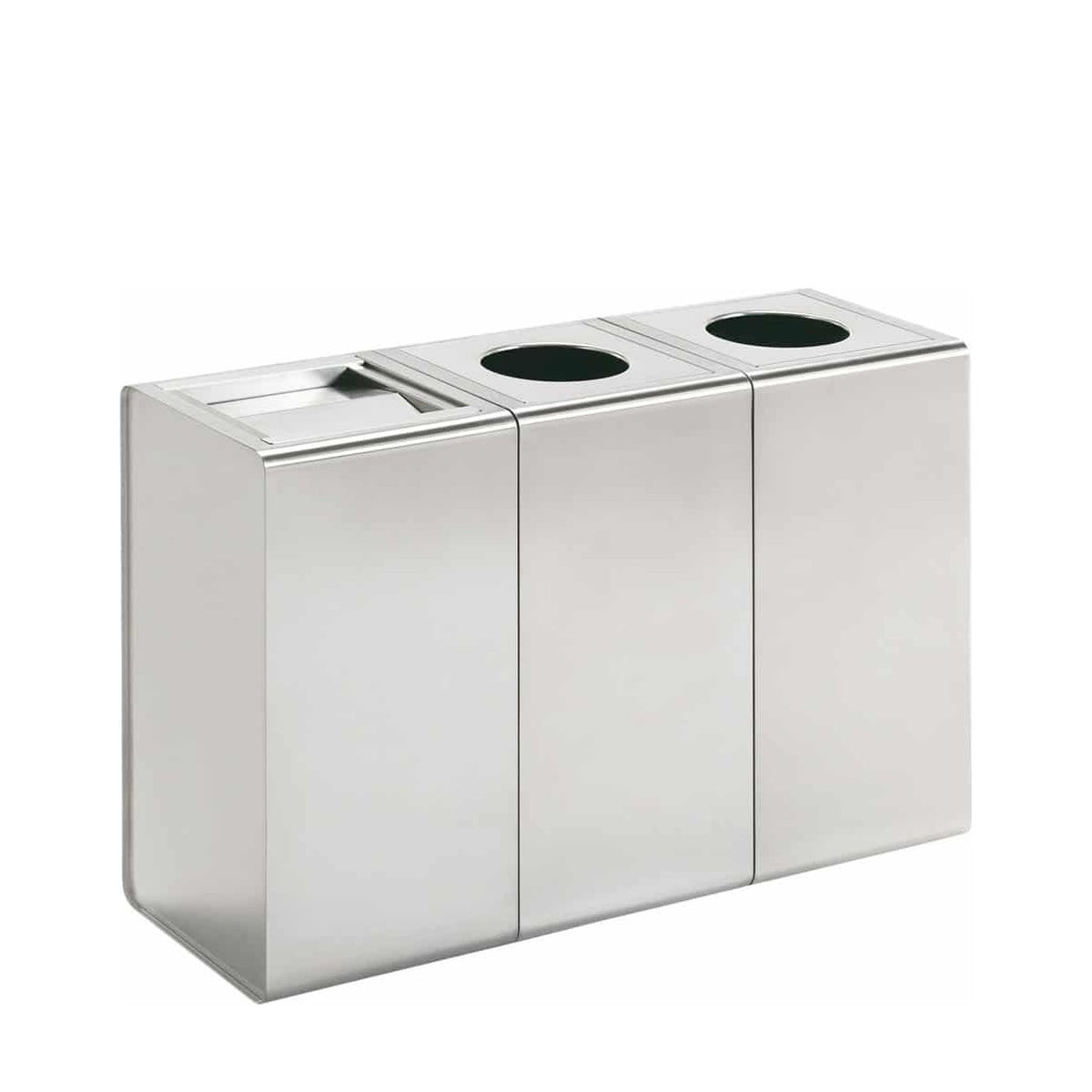 Cestini PRISMA di Caimi in inox affiancati, con coperchio basculante e con apertura tonda
