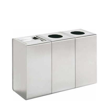 Cestini PRISMA di Caimi in inox affiancati, con coperchio basculante e con apertura tonda