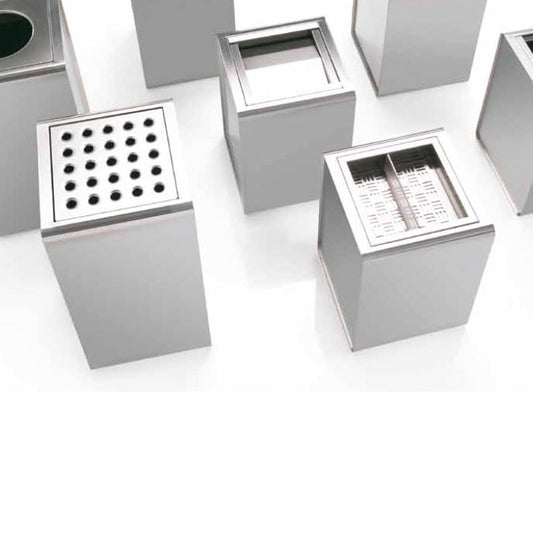 Posaceneri PRISMA di Caimi in inox, con coperchio forato e con setaccio