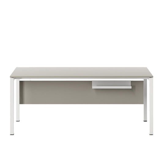 Scrivania POP EASY Frezza con piano in melaminico grigio, pannello frontale e struttura in acciaio bianco