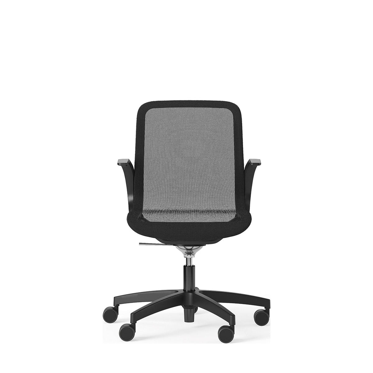 Sedia JODIE nera versione meeting con schienale basso, braccioli e base a 5 razze in nylon nero con ruote