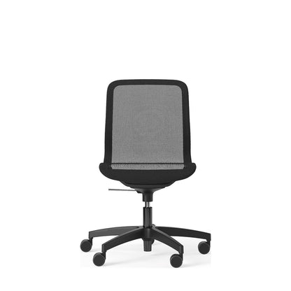 Sedia JODIE nera con schienale basso senza braccioli e base a 5 razze in nylon nero, vista frontale