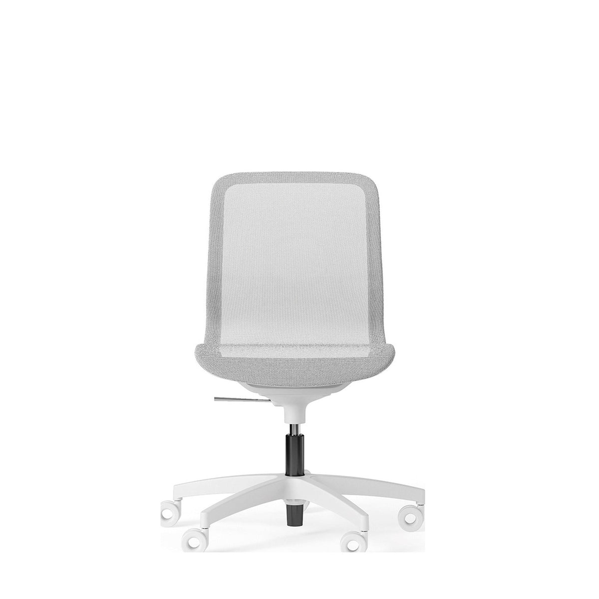 Sedia JODIE bianca con schienale basso senza braccioli e base a 5 razze in nylon bianco, vista frontale