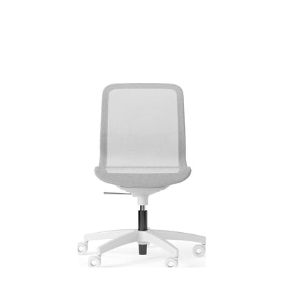 Sedia JODIE bianca con schienale basso senza braccioli e base a 5 razze in nylon bianco, vista frontale