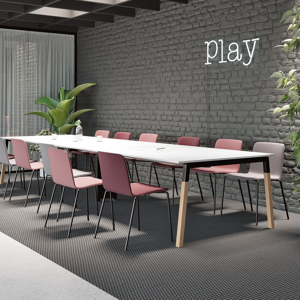 Tavolo riunione POP WOODY Frezza con piano bianco e gambe in frassino, con sedie rosa
