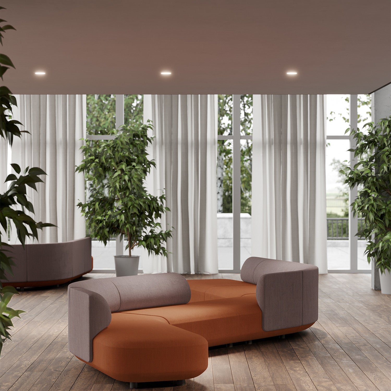 Pouf e divani AFINA Frezza in un'area lounge con pavimento in legno