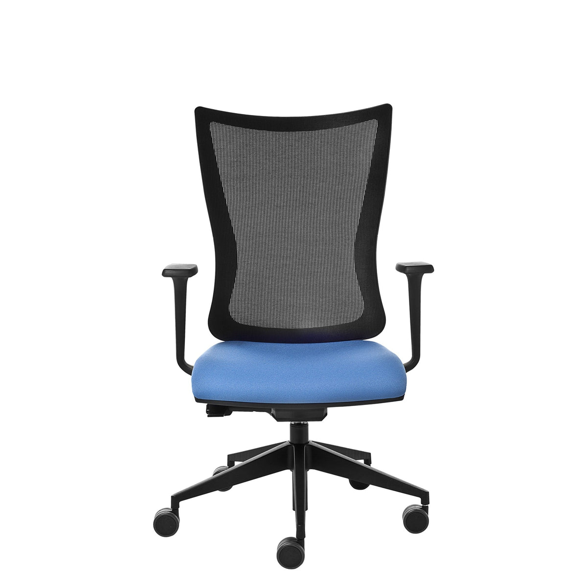 Sedia operativa KUPER EASY Kastel con schienale in rete nera e sedile in tessuto azzurro