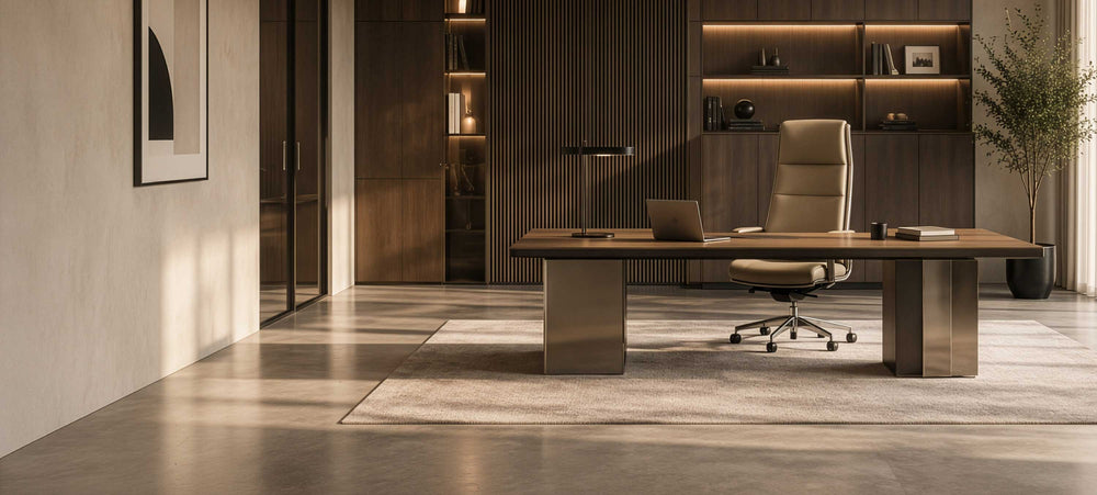 Ufficio direzionale con scrivania in legno e poltrona in pelle