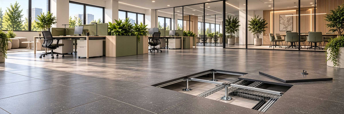 Pavimento sopraelevato in un ufficio open space con pannello sollevato: colonnine, canalina e cavi sotto il pavimento