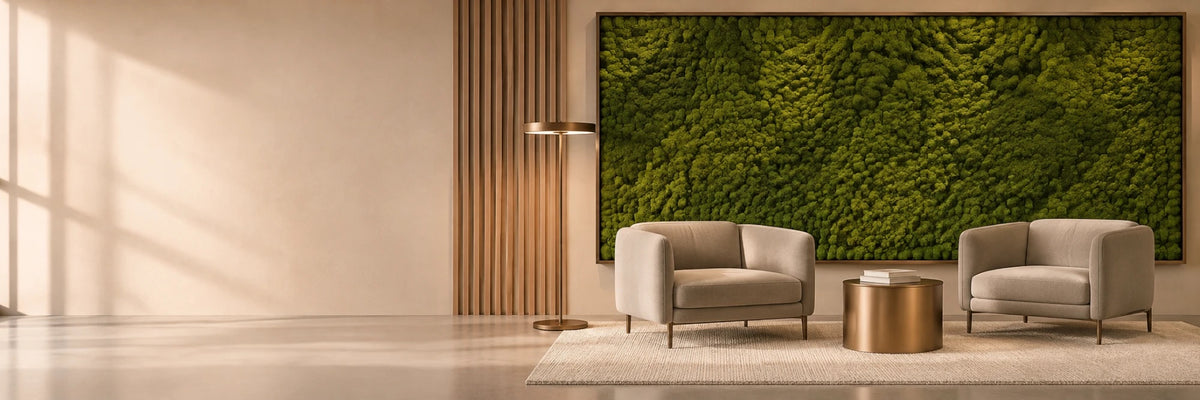 Area d'attesa direzionale con due poltrone color tortora davanti a una grande parete in lichene stabilizzato incorniciata in bronzo, lampada a stelo e doghe in legno