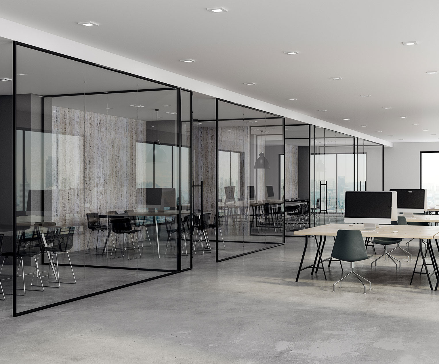 Ufficio open space con pareti vetrate, sale riunioni, scrivanie e sedute — arredo completo Isoardi Group