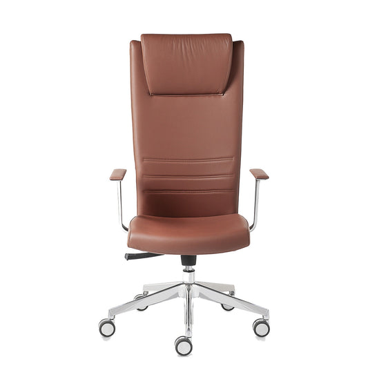 Sedia Direzionale KING Kastel in vera pelle colore marrone, schienale alto con appoggiatesta