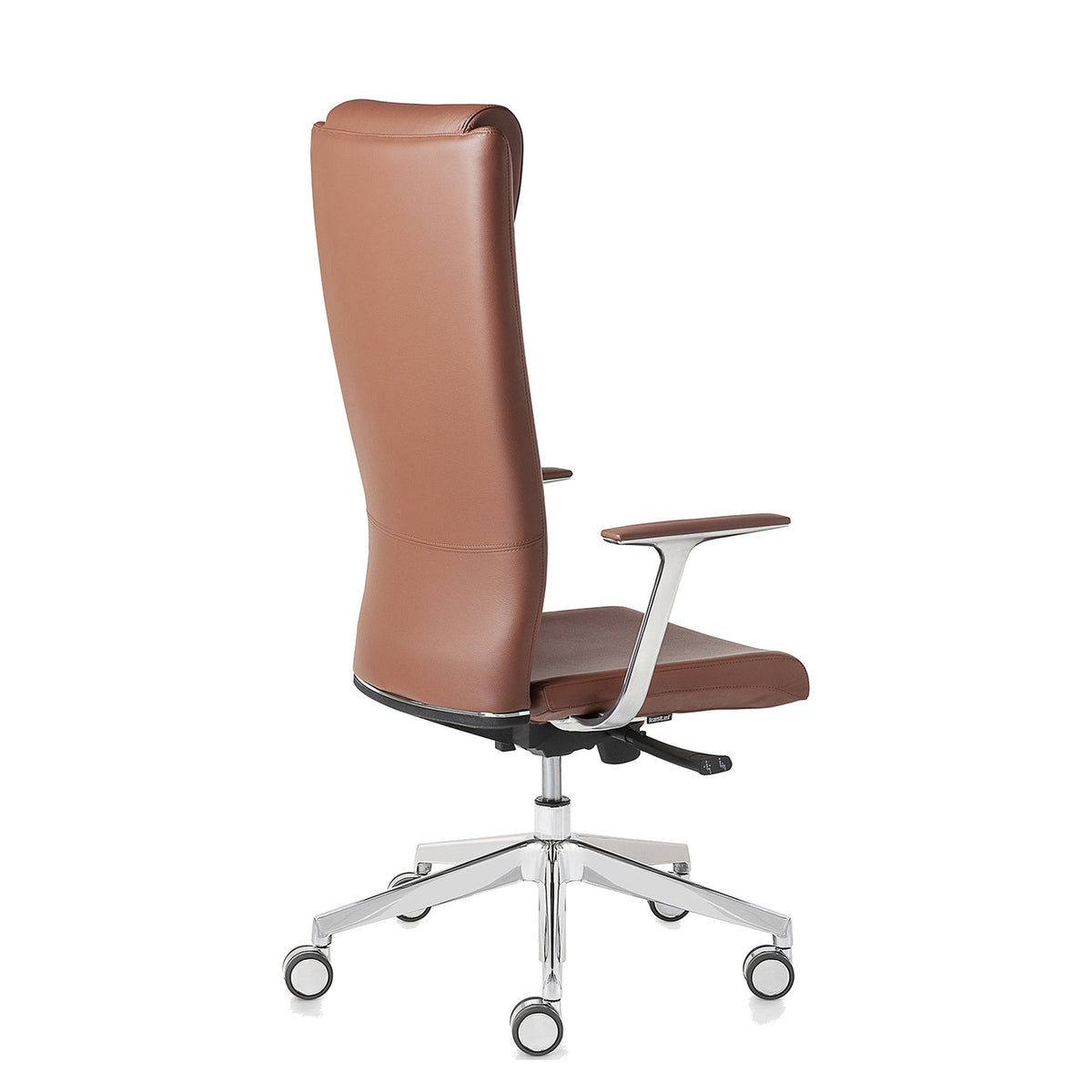 Sedia Direzionale KING Kastel in vera pelle colore marrone, vista posteriore con braccioli in alluminio lucido
