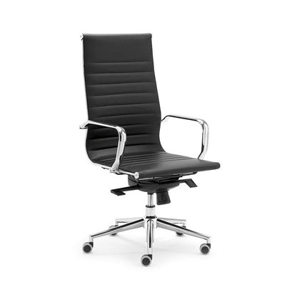Sedia direzionale ZEUS H MStyle in similpelle nera a schienale alto con struttura in acciaio cromato