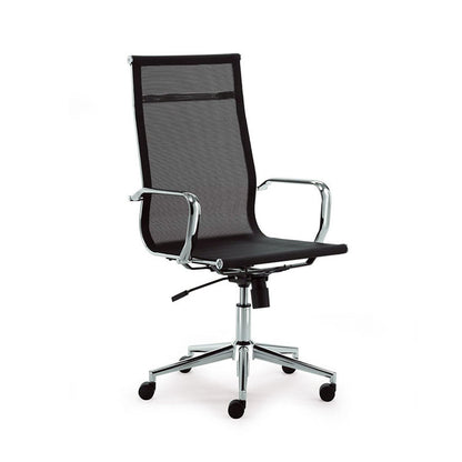 Sedia direzionale ZEUS H QUICK MStyle in rete nera, schienale alto, braccioli in acciaio cromato e base piramidale cromata su ruote gommate