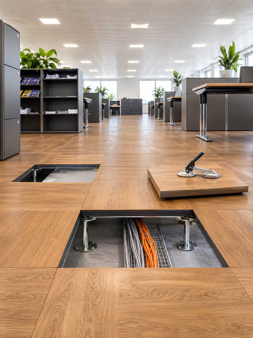 Pavimento sopraelevato in parquet in un ufficio open space, con un pannello sollevato con la ventosa e i cavi sotto