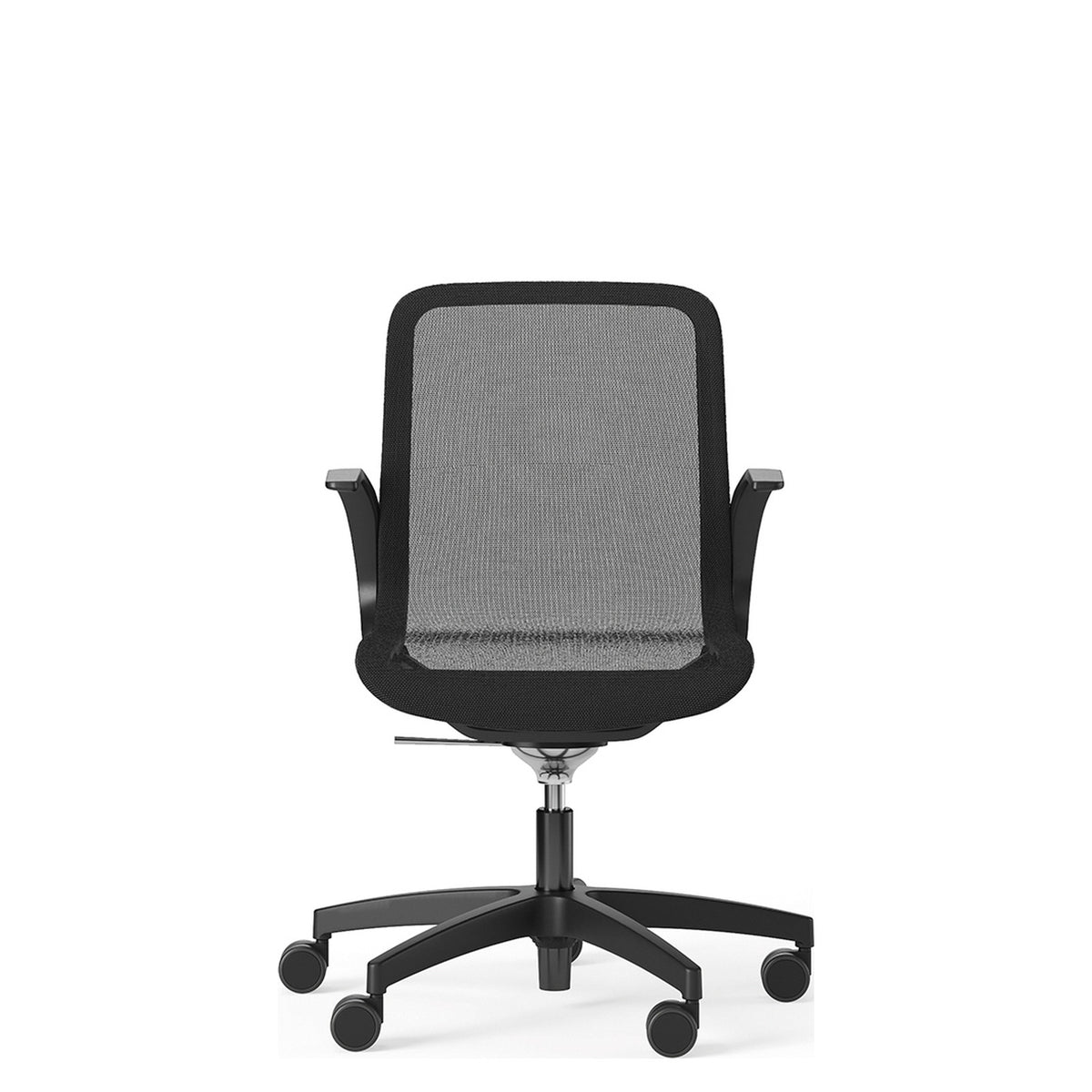 Sedia JODIE nera versione meeting con schienale basso, braccioli e base a 5 razze in nylon nero con ruote