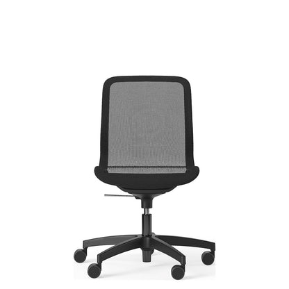 Sedia JODIE nera con schienale basso senza braccioli e base a 5 razze in nylon nero, vista frontale