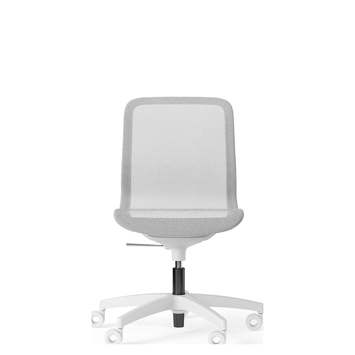 Sedia JODIE bianca con schienale basso senza braccioli e base a 5 razze in nylon bianco, vista frontale