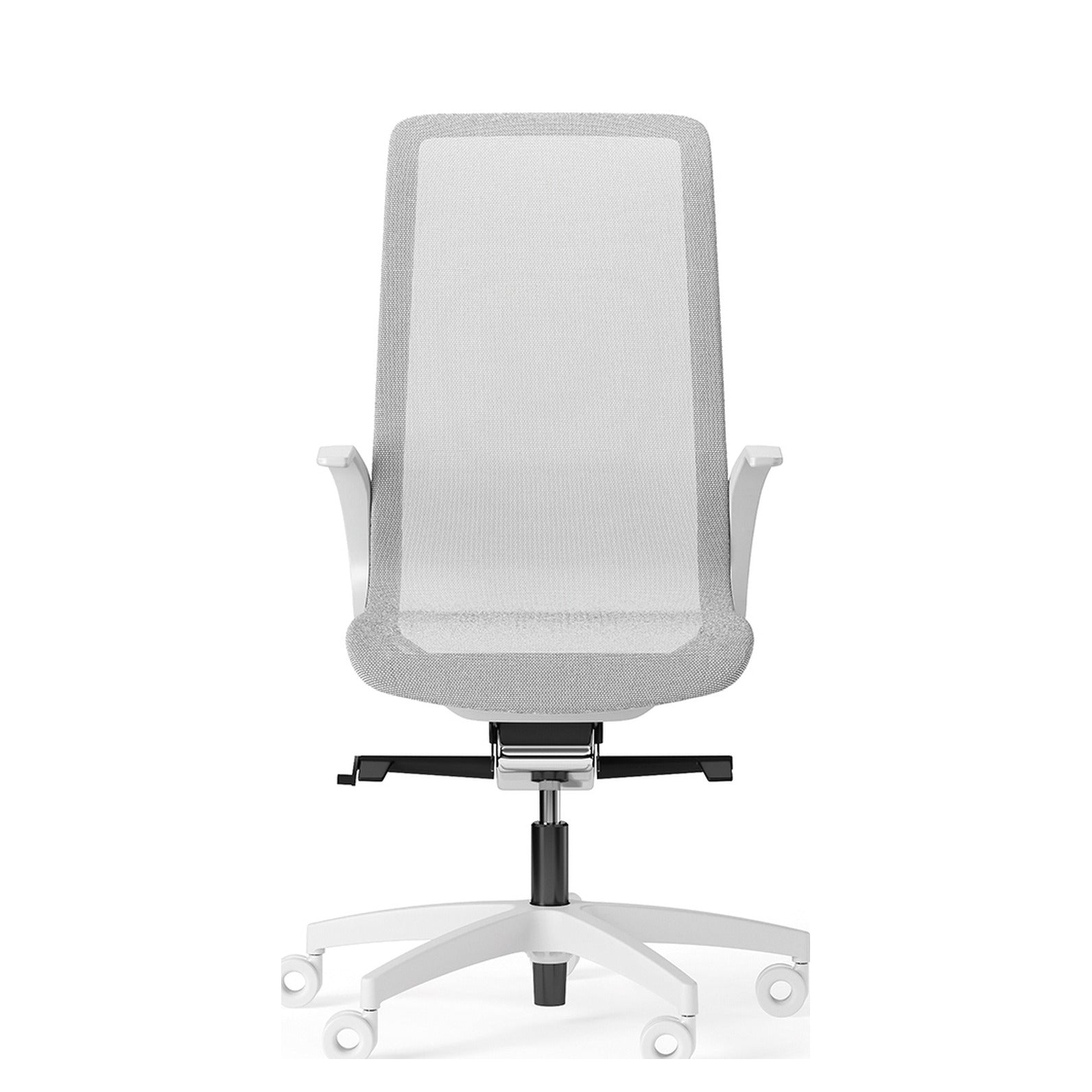 Sedia direzionale JODIE bianca con schienale alto in rete e base in alluminio lucido con ruote, vista frontale