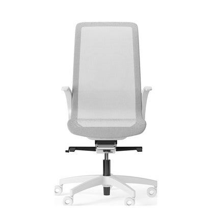 Sedia direzionale JODIE bianca con schienale alto in rete e base in alluminio lucido con ruote, vista frontale