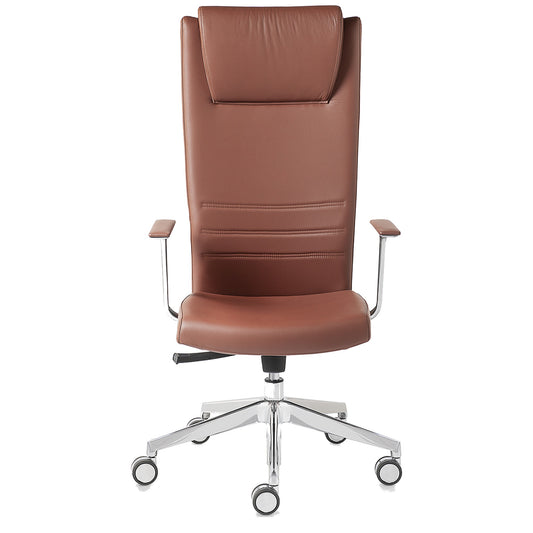 Sedia Direzionale KING Kastel in vera pelle colore marrone, schienale alto con appoggiatesta
