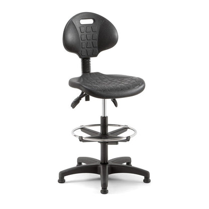 Sgabello TEKNIK 03 Linea Fabbrica in poliuretano integrale nero, base a piedini fissi e anello poggiapiedi cromato