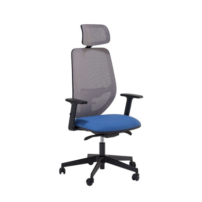 Sedia ARIA MESH MStyle con poggiatesta in rete grigia, sedile blu e braccioli