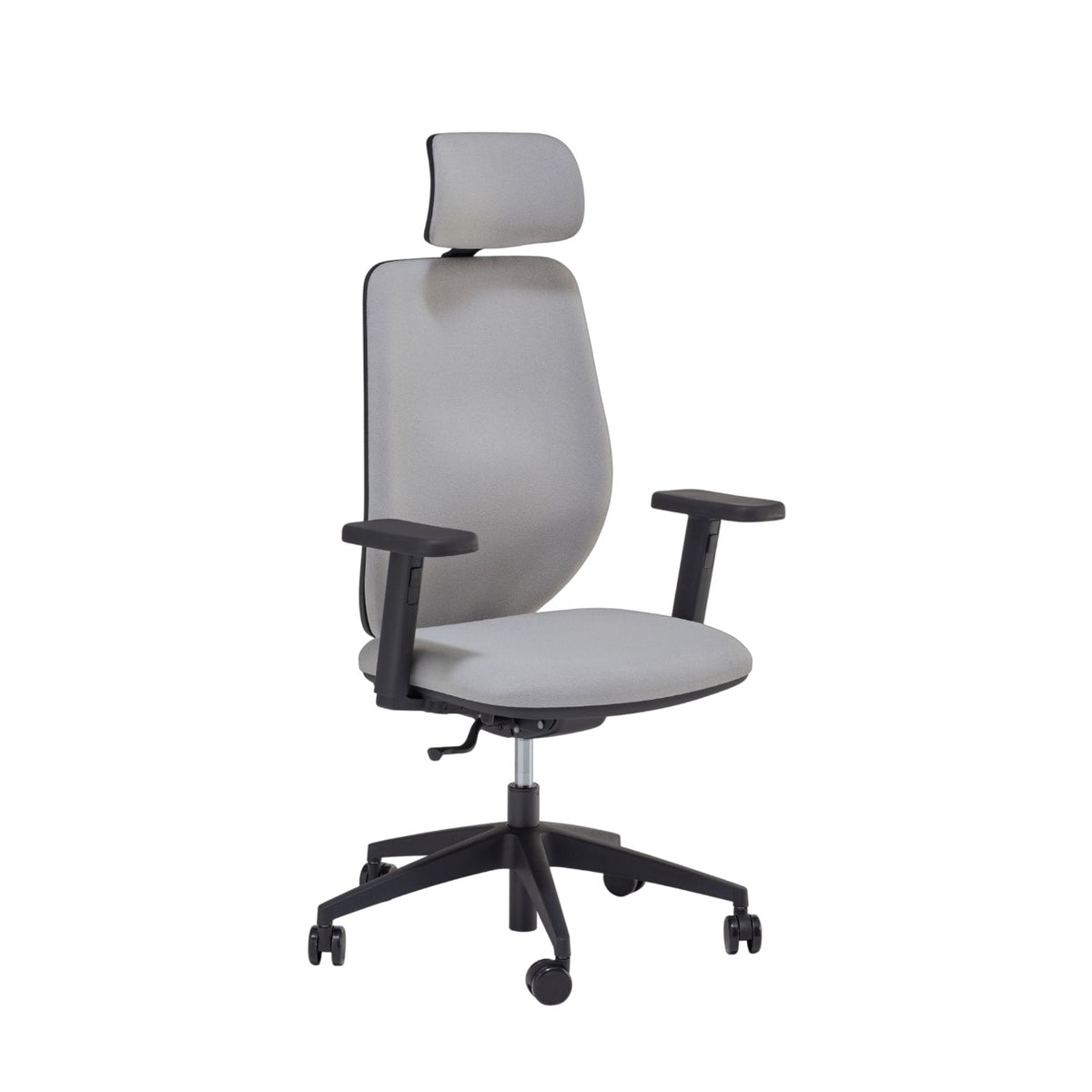 Sedia ARIA SOFT CR MStyle grigia con poggiatesta tappezzato, vista di tre quarti