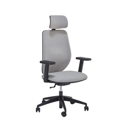 Sedia ARIA SOFT CR MStyle grigia con poggiatesta tappezzato, vista di tre quarti