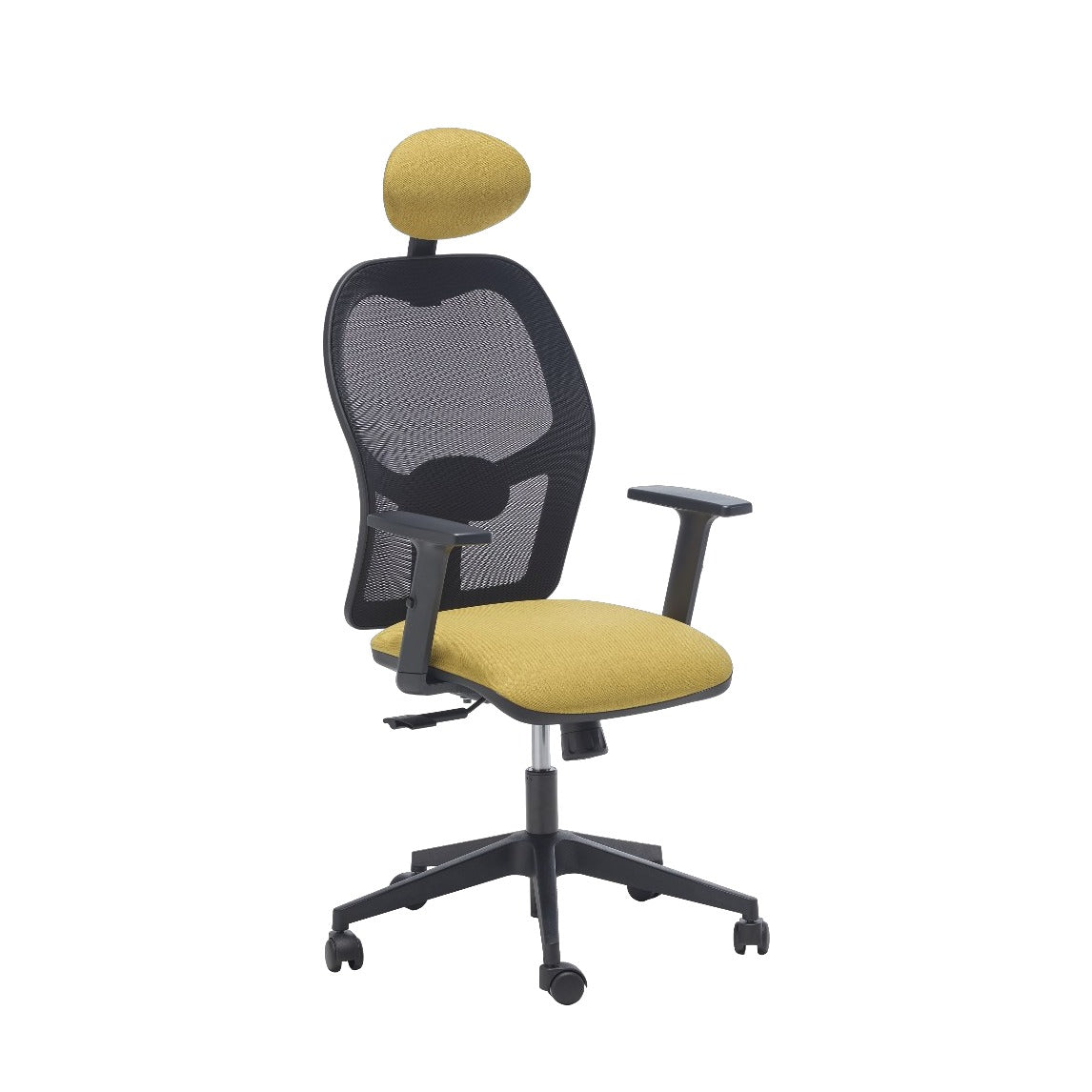Sedia Q3 SMART MStyle con poggiatesta tappezzato giallo e braccioli, vista di tre quarti