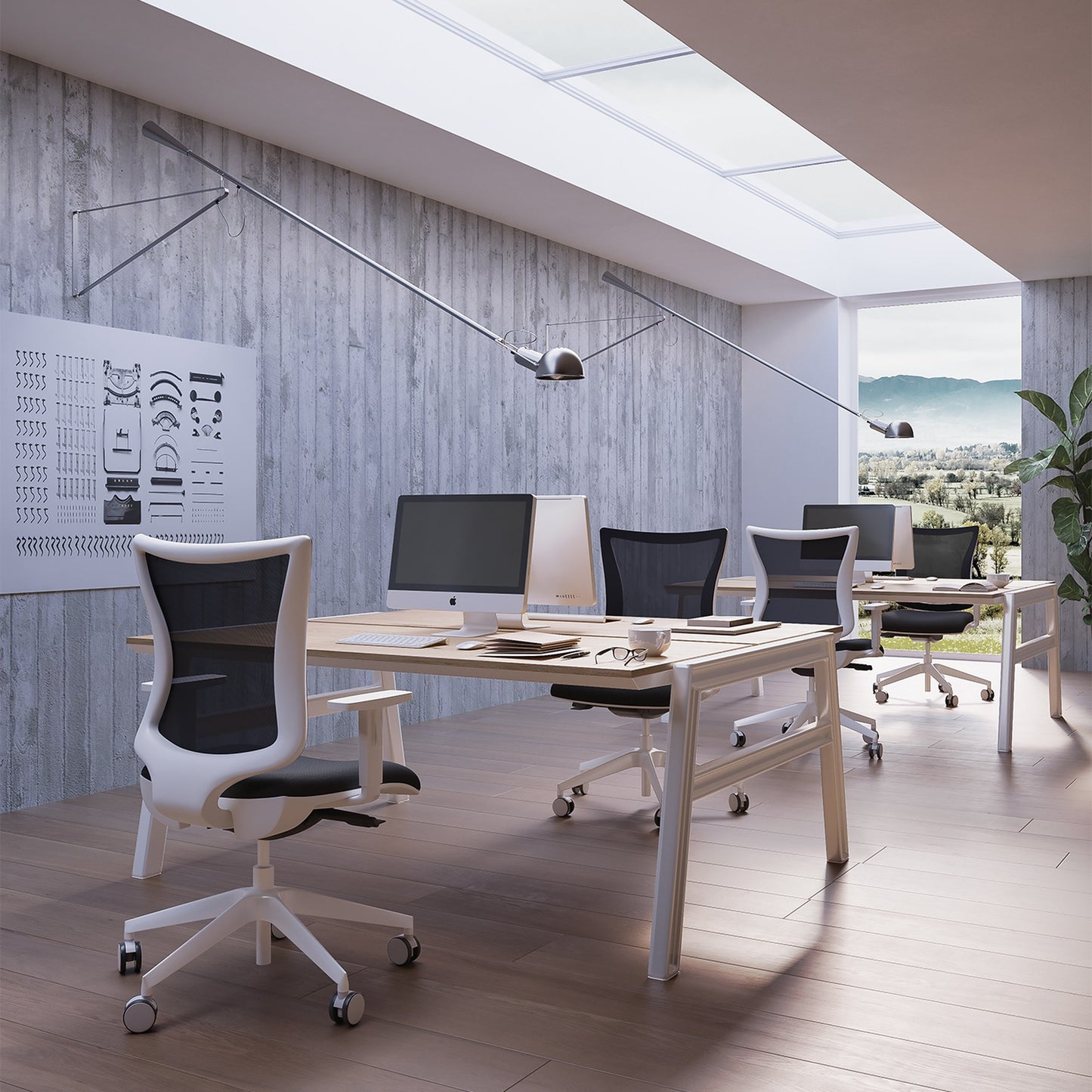 Sedie operative KUPER EASY MESH Kastel bianche in un ufficio open space con scrivanie bench