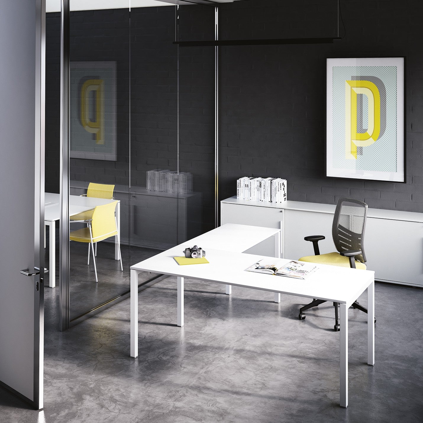Scrivania POP EASY Frezza con struttura bianca e sedia gialla in ambiente industriale