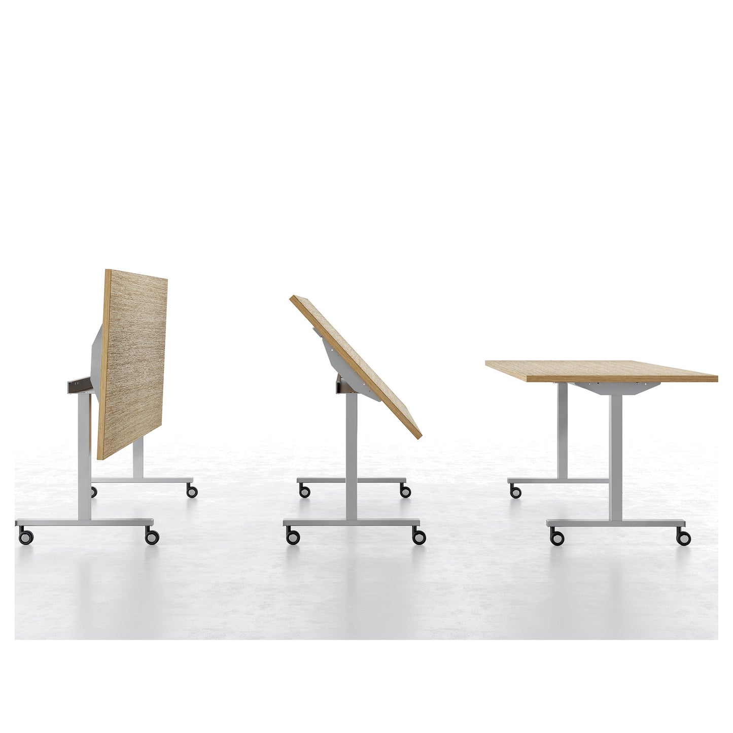 Tavolo POP FOLDING Frezza nelle tre posizioni: piano ribaltato, in movimento e aperto