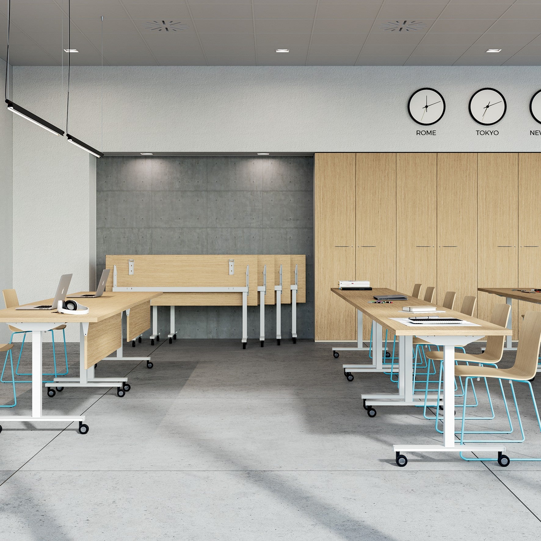 Aula formazione con tavoli POP FOLDING Frezza su ruote
