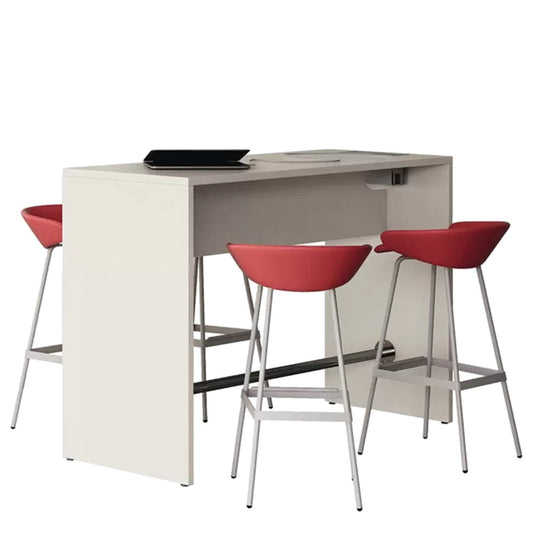 Tavolo alto POP PANEL Frezza bianco con fianchi pannellati e sgabelli rossi