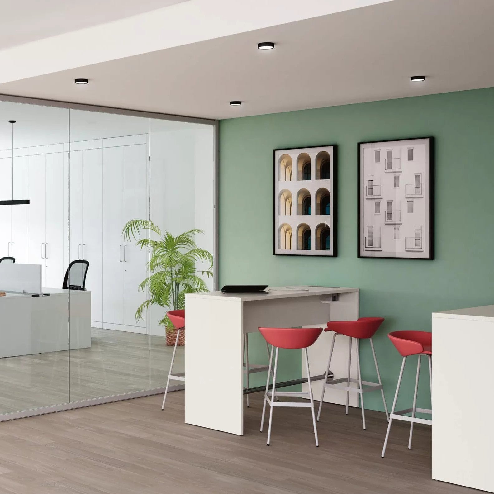 Tavolo alto POP PANEL Frezza in un'area break accanto a una parete verde