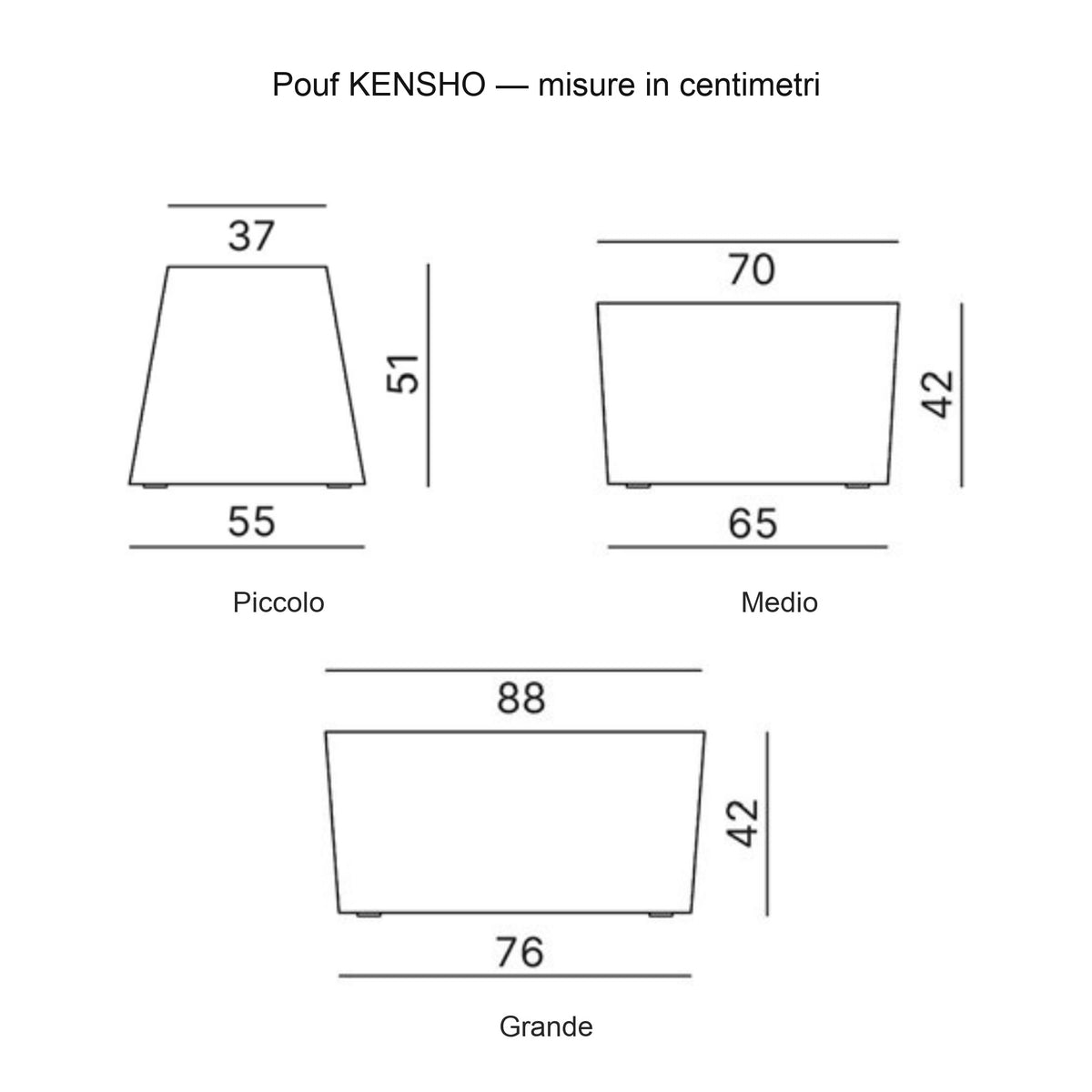 Pouf KENSHO Kastel, disegno quotato: piccolo 55 x h 51, medio 70 x h 42, grande 88 x h 42 cm