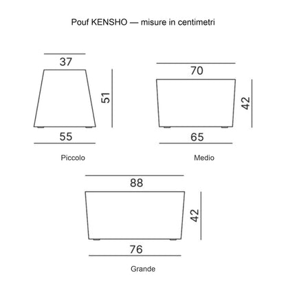 Pouf KENSHO Kastel, disegno quotato: piccolo 55 x h 51, medio 70 x h 42, grande 88 x h 42 cm