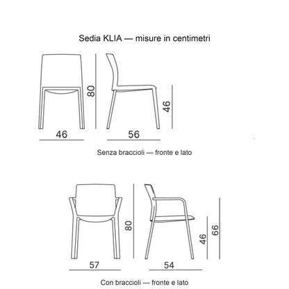 Sedia Multiuso KLIA Kastel, disegno quotato: senza braccioli 46 x 56 x h 80, con braccioli 57 x 54 x h 80, altezza seduta 46 cm