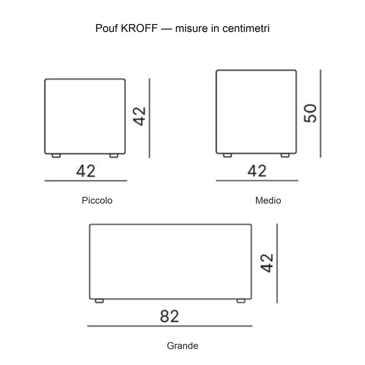 Pouf KROFF Kastel, disegno quotato: piccolo Ø 42 x h 42, medio Ø 42 x h 50, grande Ø 82 x h 42 cm