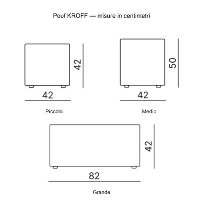 Pouf KROFF Kastel, disegno quotato: piccolo Ø 42 x h 42, medio Ø 42 x h 50, grande Ø 82 x h 42 cm
