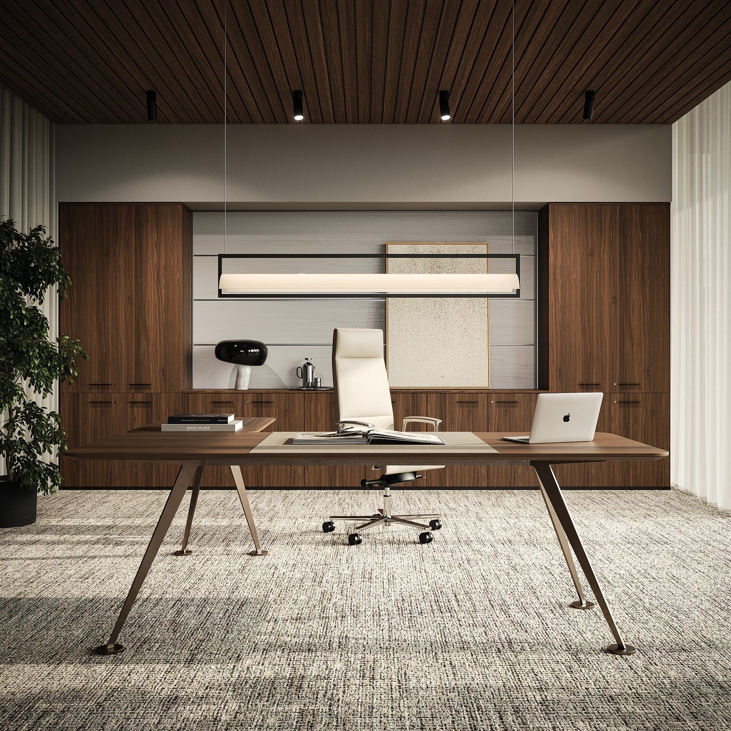 Scrivania SPIKE Frezza in un ufficio direzionale con boiserie in legno