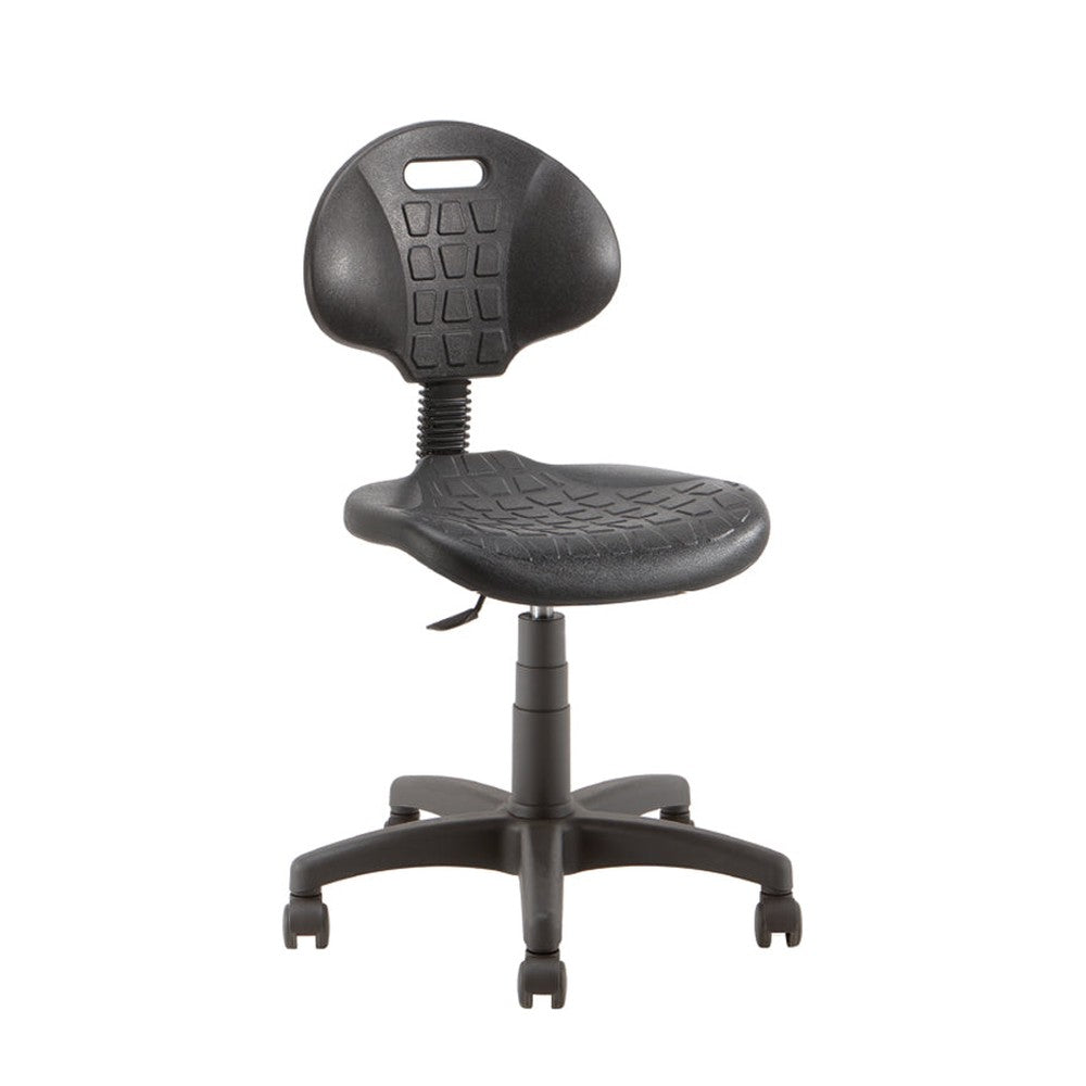 Sgabello TEKNIK 01 Linea Fabbrica in poliuretano integrale nero con base a ruote e anello poggiapiedi cromato