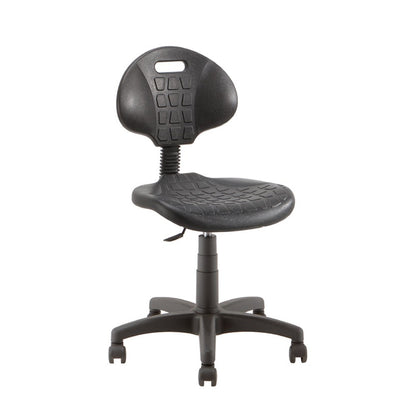 Sgabello TEKNIK 01 Linea Fabbrica in poliuretano integrale nero con base a ruote e anello poggiapiedi cromato